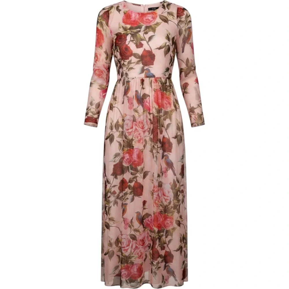 Chi Pink Floral Bird Print Maxi Dress Long Sleeve Sheer Overlay XS Cottage Fairy